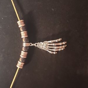 Silver Skeleton Hand Green & Black Necklace